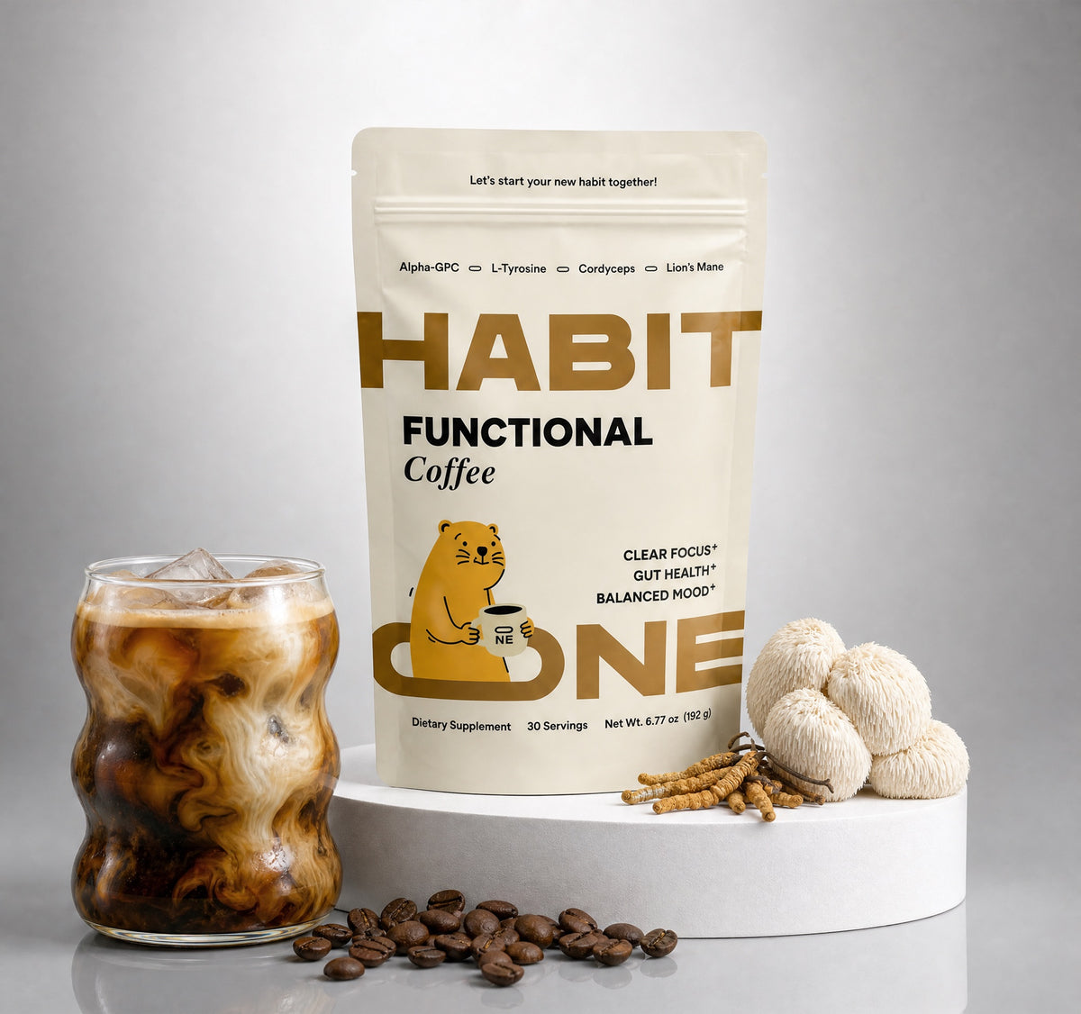 HabitONE Functional Coffee pouch with iced coffee, lion's mane and cordyceps