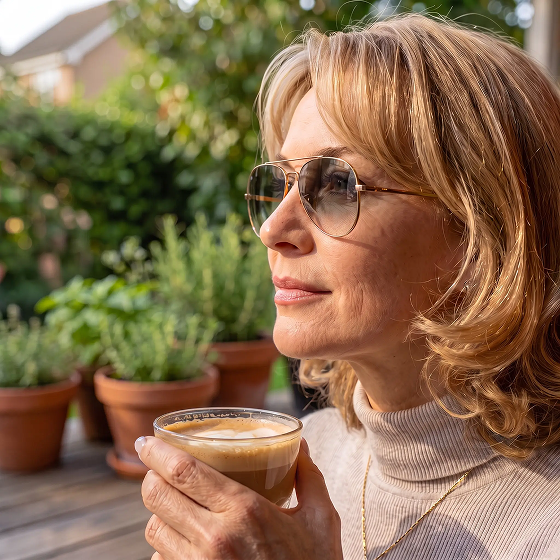 Woman enjoying a morning coffee outdoors