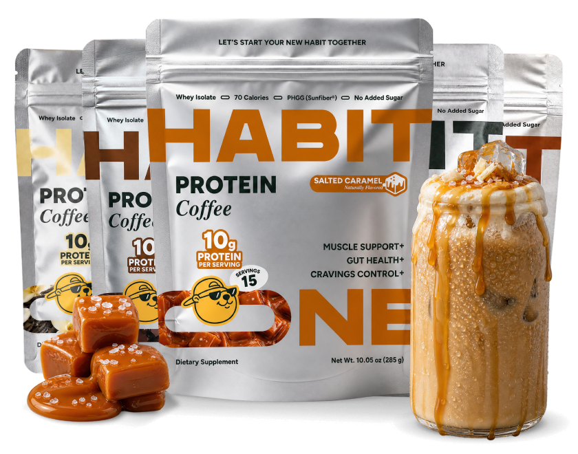 HabitONE Protein Coffee bags with salted caramel and an iced latte