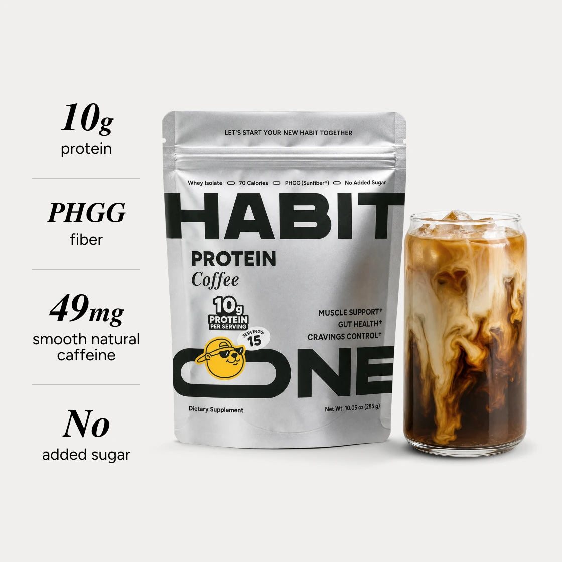 HabitONE Protein Coffee bag, 15 servings, beside an iced latte: 10 g protein, PHGG fiber, 49 mg smooth natural caffeine, no added sugar