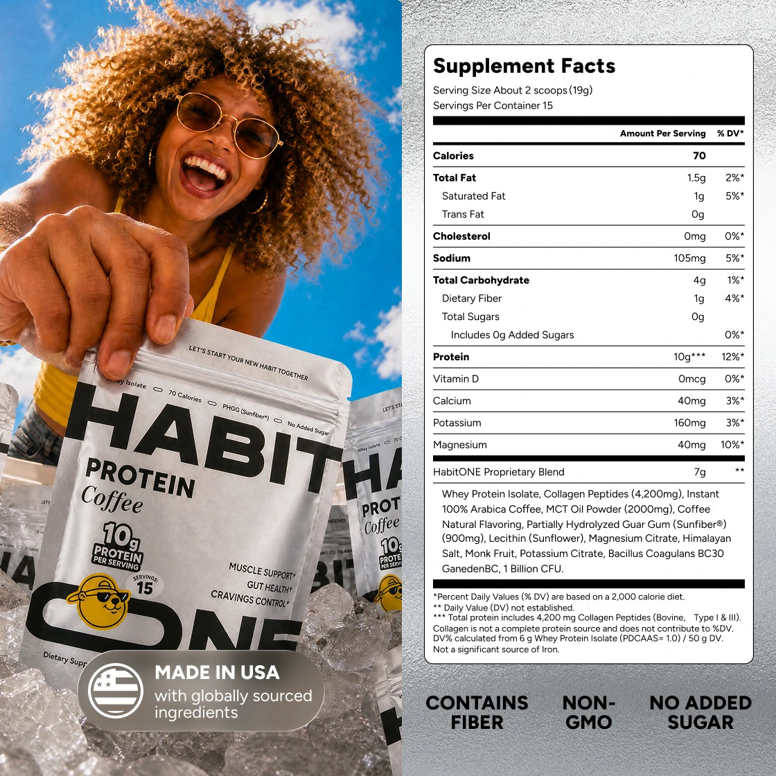Laughing woman pulling a Protein Coffee bag out of ice, beside the Supplement Facts panel. Contains fiber, non-GMO, no added sugar, made in USA. The full panel is under Supplement Facts on this page
