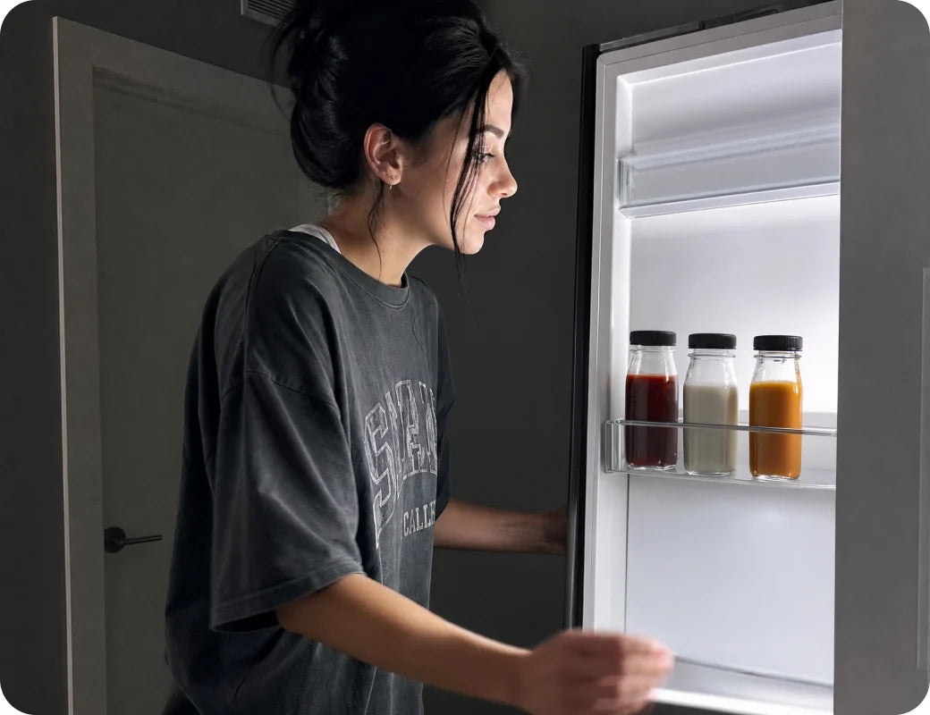 Woman looking into the fridge late at night