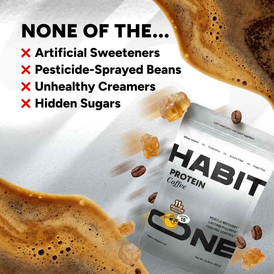 HabitONE Protein Coffee bag with none of the artificial sweeteners, pesticide-sprayed beans, unhealthy creamers or hidden sugars