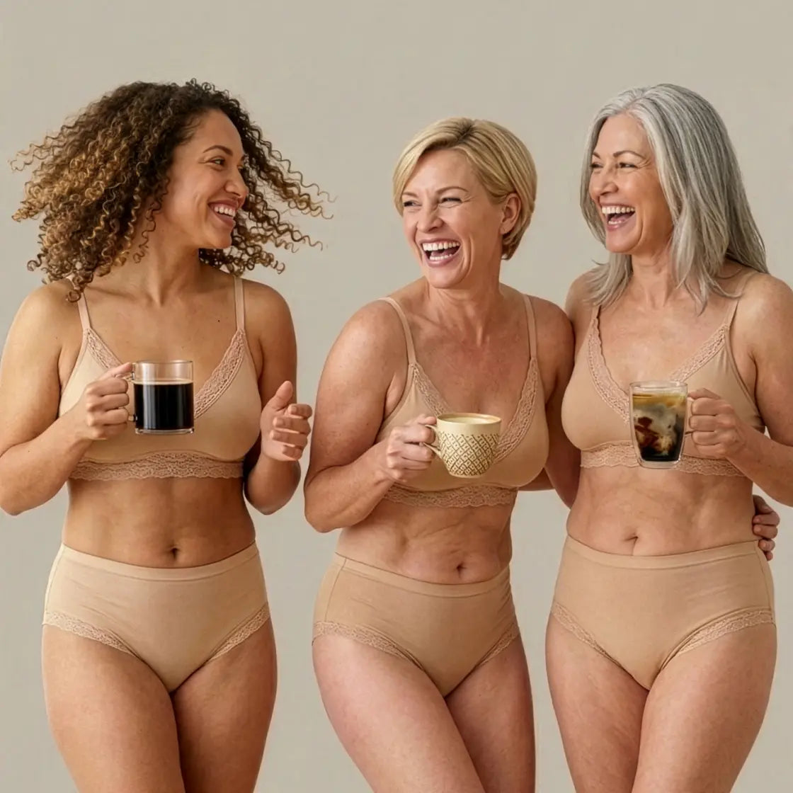 Three women smiling and holding coffee mugs