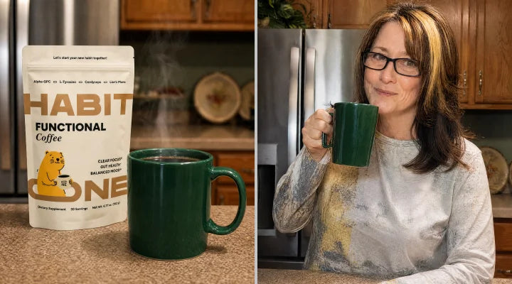 HabitONE pack beside a freshly made cup