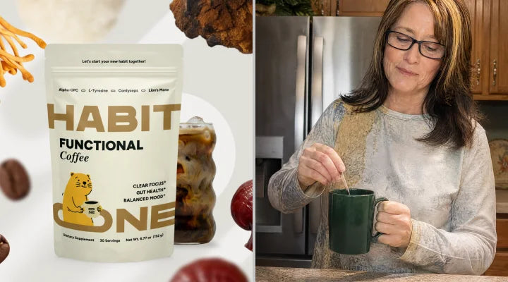 HabitONE pack with adaptogens, and a woman making her coffee