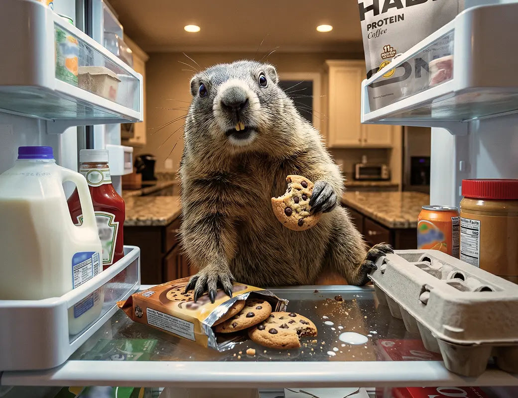 A groundhog raiding the fridge for cookies