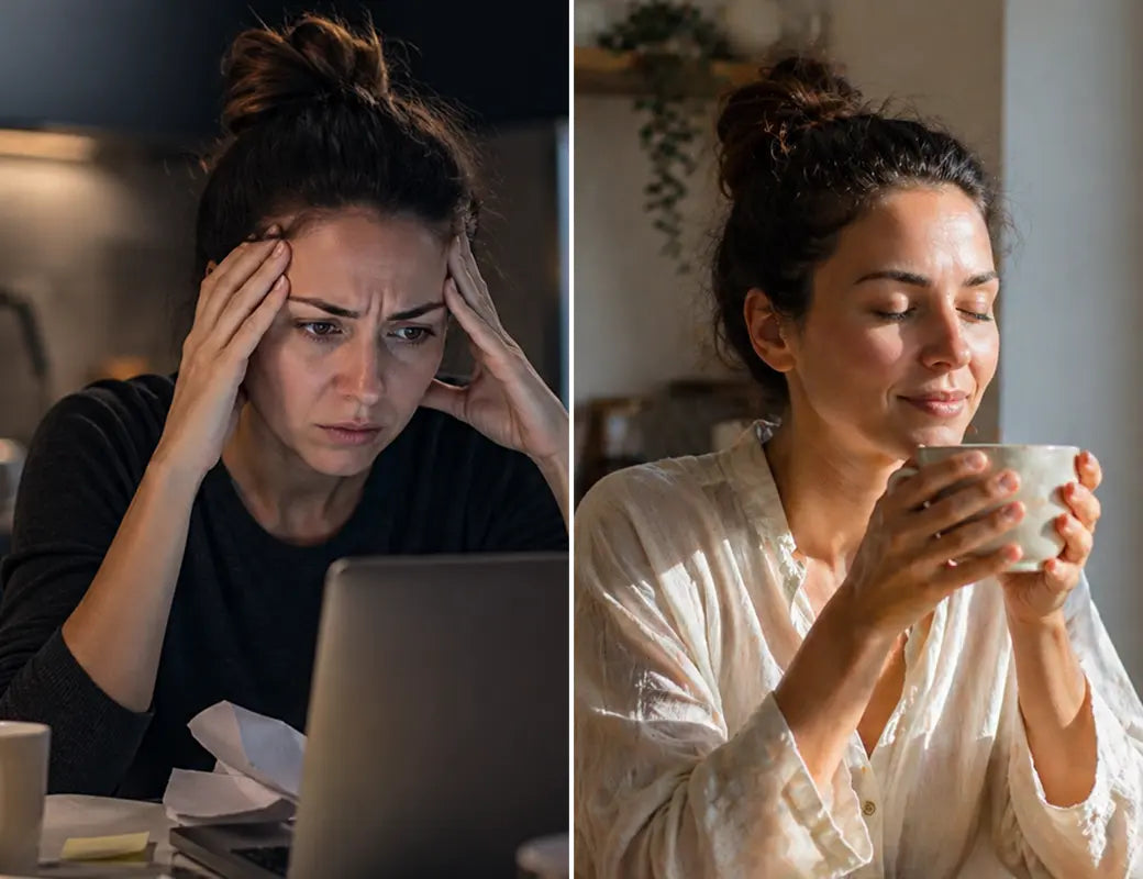 Stressed vs. calm: a woman before and after