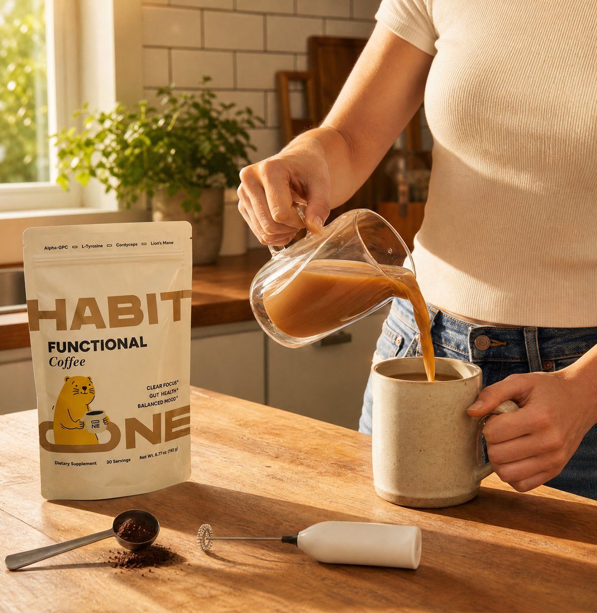 Pouring a cup of HabitONE Functional Coffee