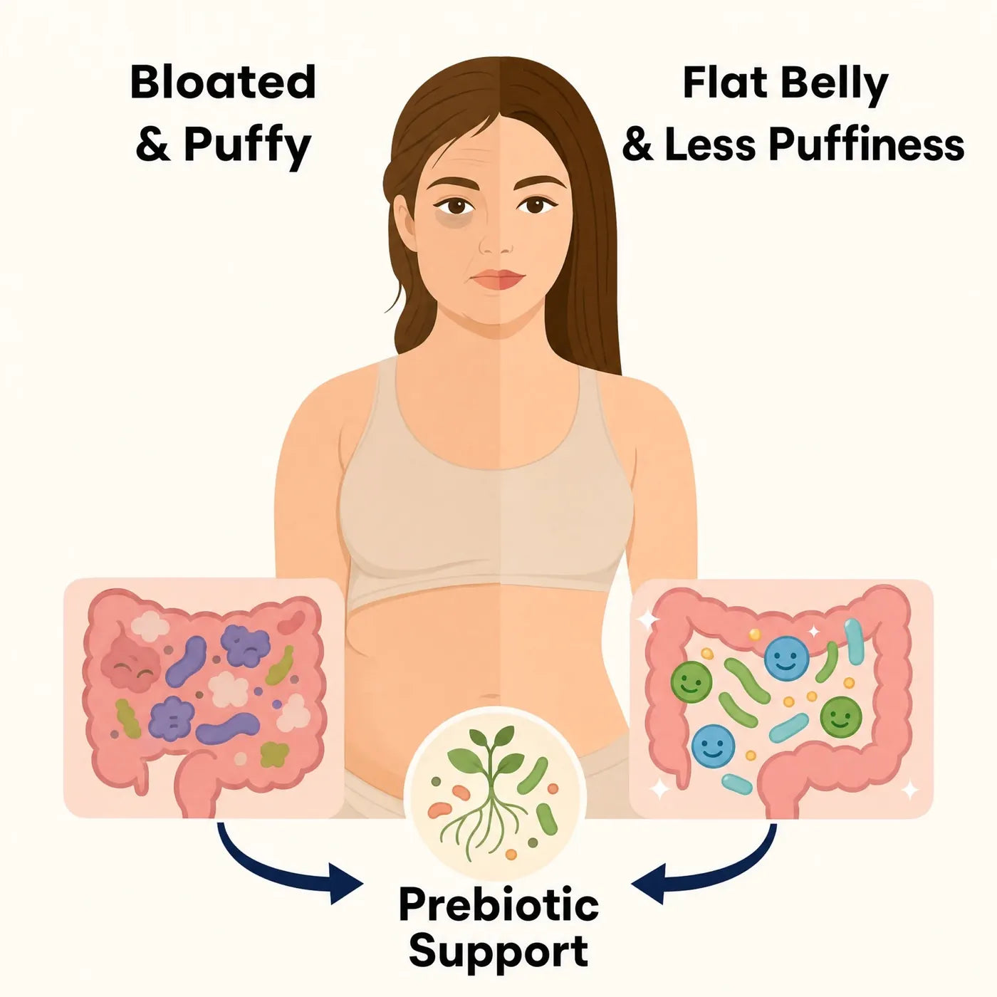 Gut health illustration: from bloated and puffy to flat belly with prebiotic support